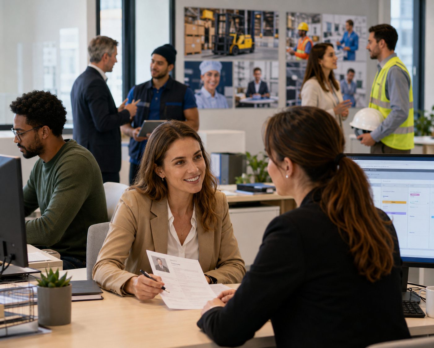 Collaborateurs de plusieurs secteurs — industrie, logistique, bâtiment, tertiaire — en situation de travail